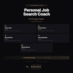 Pode incluir: Anúncio de produto digital "Personal Job Search Coach" com "AI Prompt Pack" em um fundo escuro. O design inclui seções para coaching de carreira, revisão de currículo, simulações de entrevistas, negociação salarial e check-ins semanais. O produto está em formato PDF.