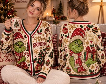 Grinch Cardigan Sweater, Christmas  Knit Top, Ugly Xmas Party Outfit, Holiday Gift For Women, Beaded Print Winter Outerwear