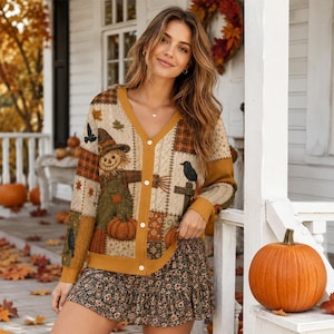 May include: A V-neck cardigan featuring a patchwork design with autumn motifs including a scarecrow, pumpkins, and black birds. The sweater has a mustard yellow trim, long sleeves, and white buttons down the front, paired with a dark floral mini skirt.