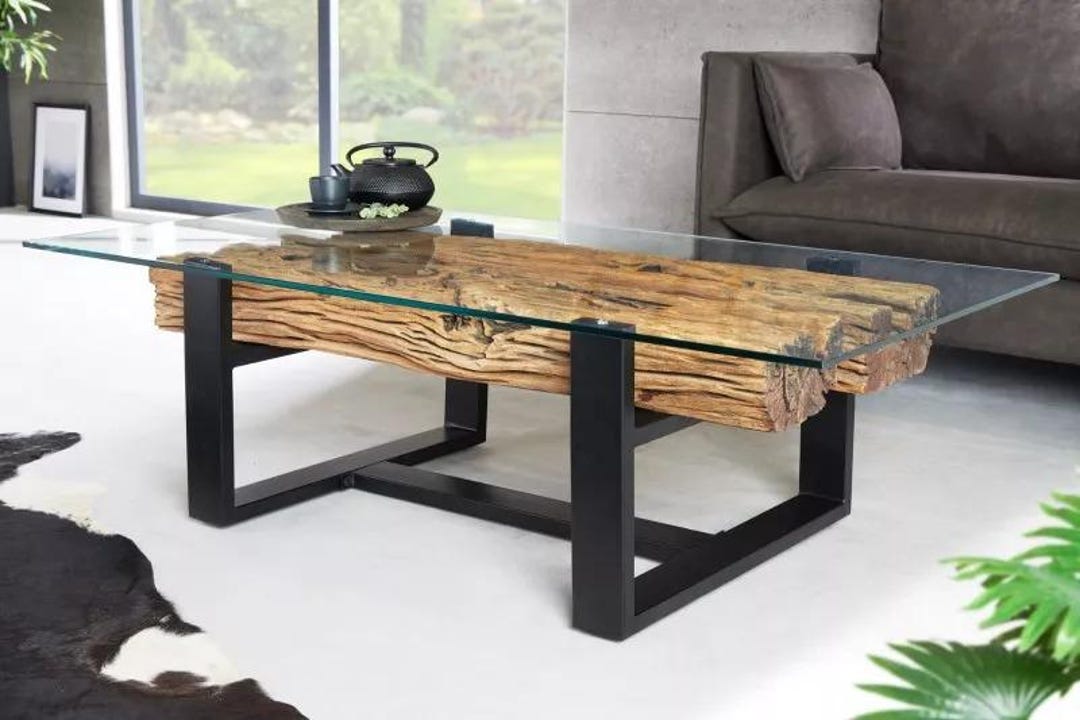 Solid Wood Log Coffee Table With Glass Top – Industrial Rustic Design ...