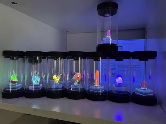 Rotating Mineral Display Tube, Dual UV White Light, Crystal Specimen Storage