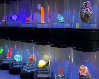 Rotating Mineral Display Tube, Dual UV White Light, Crystal Specimen Storage