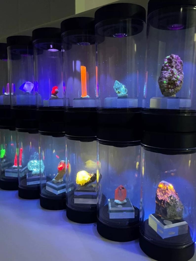 Rotating Mineral Display Tube, Dual UV White Light, Crystal Specimen Storage image 1