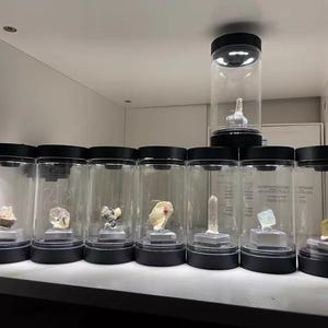 May include: A collection of eight cylindrical display cases with black lids and bases, each containing a unique mineral specimen on a small square stand. Seven cases are arranged in a row, with one additional case elevated on top.