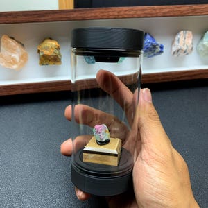 May include: A small, raw, multi-colored mineral specimen featuring pink, green, and white hues, mounted on a square wooden base inside a clear cylindrical display container with black caps at the top and bottom, held in a hand.