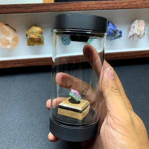 May include: A small, raw, pink and green mineral specimen sits on a square, layered tan and black base inside a clear, cylindrical glass display container with a black lid and base. The container is held upright, showcasing the crystal inside.