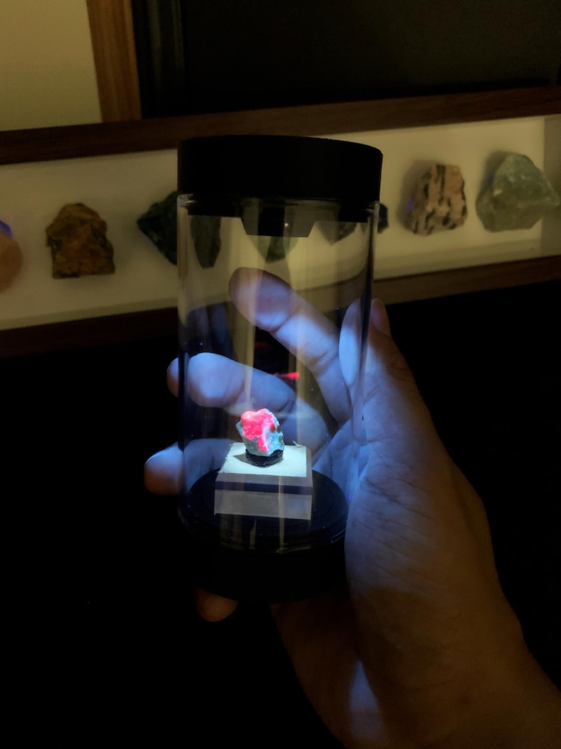 May include: A small, glowing neon pink mineral specimen is displayed inside a clear cylindrical container with a black lid and base. The mineral sits on a square white pedestal, illuminated by a bright light source within the display case.