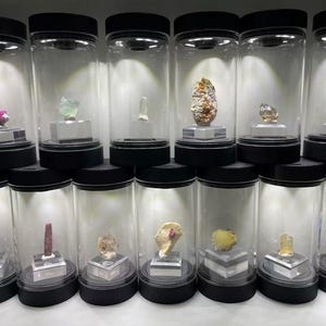 May include: Twelve clear cylindrical display cases with black lids and bases, each containing a unique mineral specimen mounted on a small square stand. Each case features an integrated light at the top, illuminating the crystals inside.