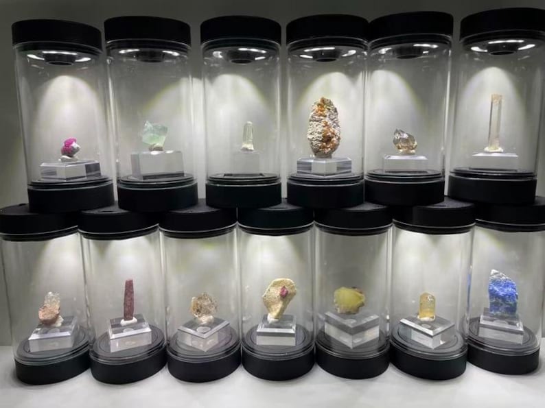 May include: Twelve clear cylindrical display cases with black lids and bases, each containing a unique mineral specimen mounted on a small square stand. Each case features an integrated light at the top, illuminating the crystals inside.