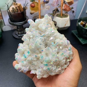 13×11 cm 1,1 kg Racimo de cuarzo drusa de titanio Aura Espécimen mineral iridiscente Adorno para meditación