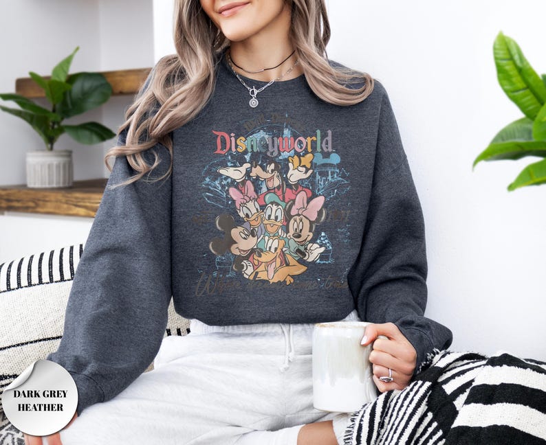 Op de afbeelding: Donkergrijze heather sweatshirt met een kleurrijke Disney World-afbeelding met Mickey Mouse, Minnie Mouse, Donald Duck en andere personages. De sweatshirt heeft een ronde hals en lange mouwen. De tekst "Disney World" staat bovenaan de afbeelding.