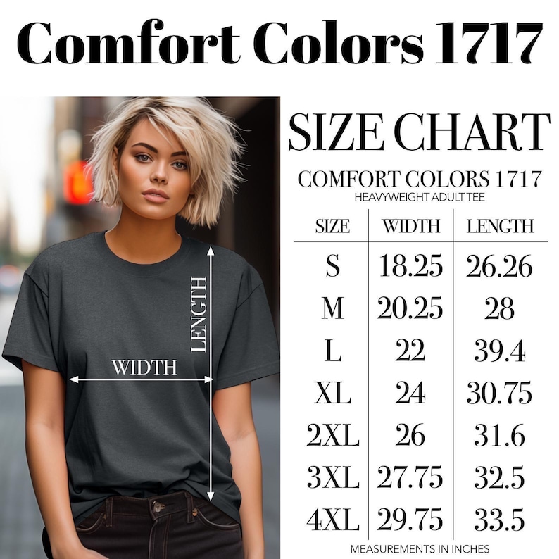 Op de afbeelding: Een donkergrijs Comfort Colors 1717 heavyweight volwassen T-shirt. De afbeelding bevat een maattabel met afmetingen in inches voor maten S tot en met 4XL. De tabel toont breedte- en lengtematen voor elke maat.