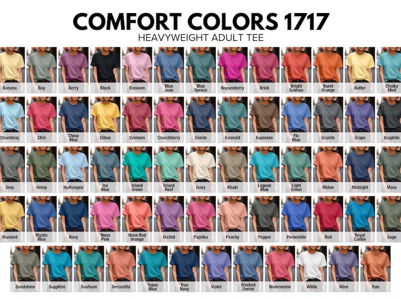 Op de afbeelding: Een display van Comfort Colors 1717 heavyweight volwassen t-shirts in verschillende kleuren. De afbeelding toont een breed scala aan tinten, waaronder Banana, Black, Blossom, Blue Jean en meer. Elke kleur wordt getoond op een t-shirt.
