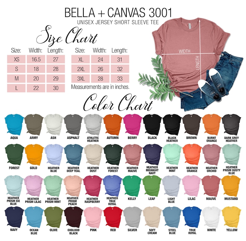Puede incluir: Una camiseta unisex de manga corta Bella + Canvas 3001 de color rosa polvoriento se muestra con una tabla de tallas y colores. La tabla de tallas muestra las medidas en pulgadas. La tabla de colores muestra una variedad de colores de camisa.