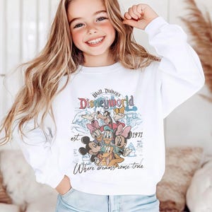 Op de afbeelding: Witte sweatshirt met een kleurrijke afbeelding van Disney-personages, waaronder Mickey Mouse, Minnie Mouse en Donald Duck. Het ontwerp bevat de tekst "Walt Disney's Disneyworld" en "Where dreams come true."