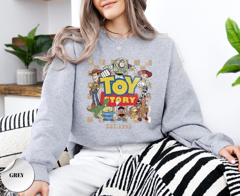 May include: A grey crewneck sweatshirt featuring a graphic print of Toy Story characters including Woody, Buzz Lightyear, Jessie, Rex, Slinky Dog, Mr. Potato Head, and an Alien. The design includes the text TOY STORY and EST. 1995 on a checkered background.