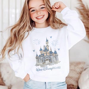 May include: A white long-sleeve sweatshirt featuring a graphic illustration of a castle with blue roofs and spires, surrounded by fireworks and small mouse-ear icons. The text Walt Disney World is printed in blue below the castle illustration.