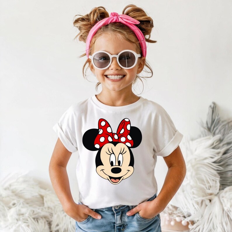 Puede incluir: Una camiseta blanca con un gr&aacute;fico de Minnie Mouse, con un lazo rojo con lunares blancos. La camiseta la lleva un ni&ntilde;o que lleva gafas de sol y una diadema rosa.