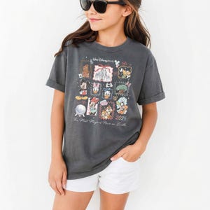 K&ouml;nnte beinhalten: Ein dunkelgraues T-Shirt mit einem farbenfrohen Disney-Motiv. Das Design zeigt Micky Maus, Minnie Maus, Donald Duck und Chip und Chap. Der Text auf dem Shirt lautet "Walt Disney World" und "The Most Magical Place on Earth 2026."