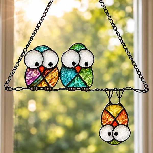 Multicolor Owls on a Branch Acrylic Suncatcher, Funny Hanging Acrylic Owl Suncatcher, Gifts for Bird Lovers, Whimsical Window Decor Gift