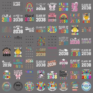 May include: A collection of graduation-themed designs featuring the text "Class of 2038" and "Class of 2026" in various fonts and colors. Some designs include rainbows, smiley faces, and graduation caps. Ideal for apparel and accessories.