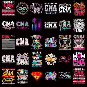 May include: A collection of CNA (Certified Nursing Assistant) themed designs on a black background. The designs feature text, hearts, stethoscopes, and other medical symbols. Some designs include phrases like "I'm That Legendary CNA" and "Being a CNA is all fun & games."