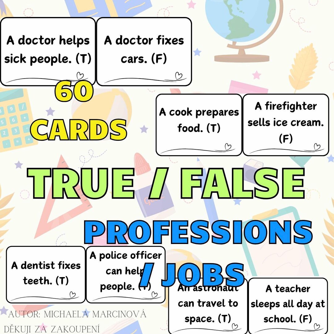 True False Task Jobs Professions True False Task Cards, 60 ESL Vocabulary (digital ...