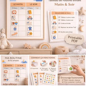 Peut inclure: Tableau de routine "MA ROUTINE" pour enfants, avec sections matin et soir, icônes illustrées et PDF imprimable. Comprend des tableaux de routine, des autocollants de tâches et des instructions. Un lapin en peluche est visible.
