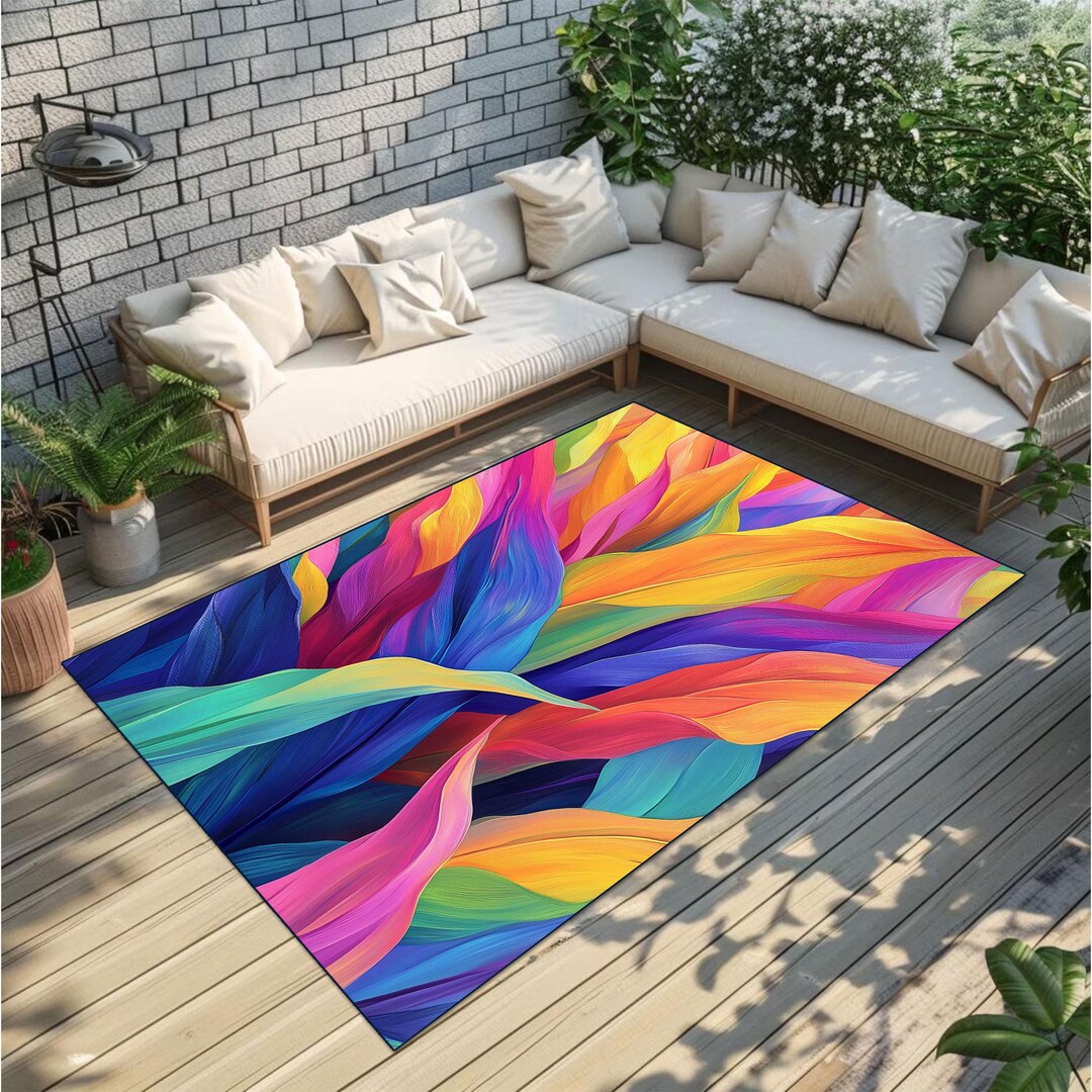 Colorful Abstract Outdoor Rug, Modern Art Carpet, Vibrant Balcony Patio ...