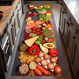 May include: A kitchen runner rug featuring a vibrant arrangement of fresh produce and ingredients. The rug displays a variety of colorful fruits, vegetables, grains, and proteins, including salmon, eggs, and pasta, creating a visually appealing display.