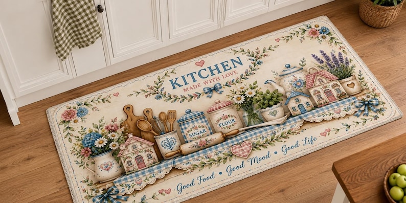May include: A rectangular kitchen floor mat with a cream background featuring illustrations of houses, flowers, wooden spoons, a rolling pin, and canisters labeled SUGAR and FLOUR. Text reads KITCHEN MADE WITH LOVE and Good Food Good Mood Good Life.