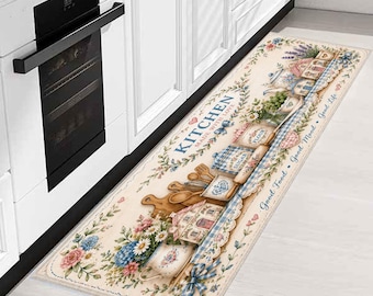 Tappeto da cucina, tappeto da cucina in stile rustico, tappeto da cucina in stile cottagecore, tappeto da cucina floreale, arredamento vintage per la cucina, tappeto lungo