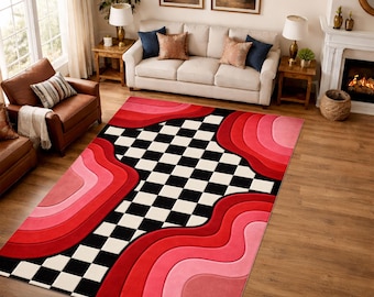 Red Pink Abstract Checkered Rug, Retro Wavy Carpet, Bold Y2K Decor (Digital Printed)