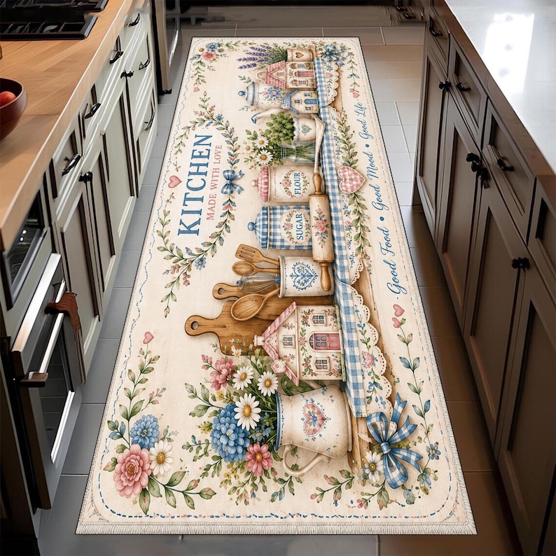 May include: A rectangular kitchen runner rug featuring a cream background with a floral border, blue gingham accents, and illustrations of kitchen canisters labeled Flour and Sugar, wooden spoons, a rolling pin, and a pitcher with flowers.