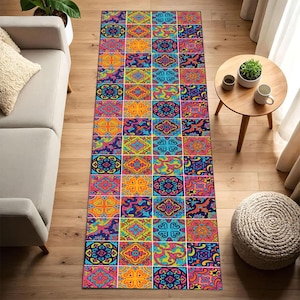 Colorful Talavera Tile Runner Rug, Mexican Folk Art Hallway, Vibrant Mosaic Carpet