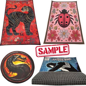 May include: Four decorative rugs with unique designs. One features a black tiger on a red background, another a ladybug surrounded by flowers, a third a dragon, and the last a comic book cover.