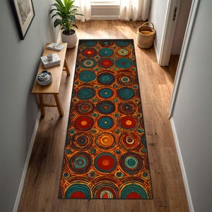 Op de afbeelding: Een rechthoekige gangtapijt met een levendig, abstract ontwerp. Het tapijt heeft een patroon van overlappende cirkels in tinten rood, blauwgroen, geel en bruin. Het ligt op een houten vloer en voegt warmte toe aan de ruimte.
