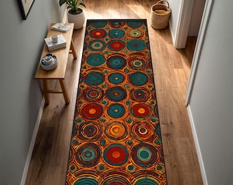 Geometric Circle Runner Rug, Modern Abstract Hallway Runner, Mid Century Boho Carpet