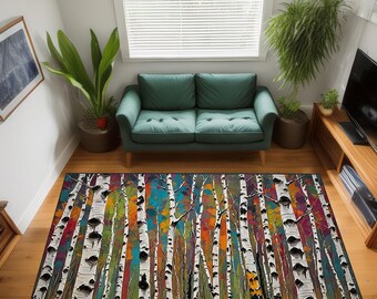 Vibrant Watercolor Birch Trees Rug, Autumn Forest Living Room Carpet