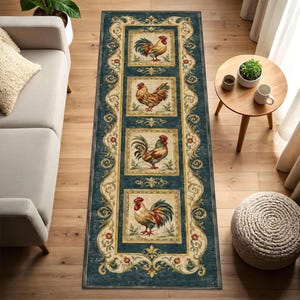 May include: A rectangular runner rug featuring a deep blue background with a cream-colored border decorated with scrolling floral patterns. Four square panels are centered along the length, each displaying a detailed illustration of a rooster.