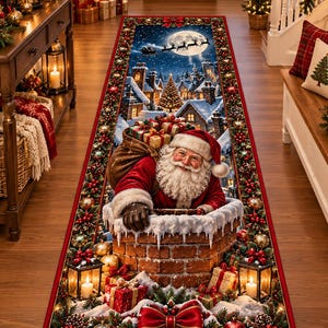 May include: A rectangular runner rug featuring a 3D-style illustration of Santa Claus emerging from a brick chimney with a sack of gifts. The border is decorated with pine branches, red berries, gold ornaments, and a large red bow.
