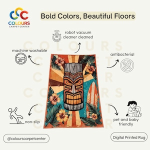 May include: A rectangular digital printed rug with a tiki mask design. The rug features a vibrant color palette of orange, blue, and brown, with hibiscus flowers and a surfboard. The rug is machine washable, non-slip, and antibacterial.