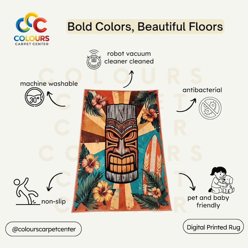 May include: A rectangular digital printed rug with a tiki mask design. The rug features a vibrant color palette of orange, blue, and brown, with hibiscus flowers and a surfboard. The rug is machine washable, non-slip, and antibacterial.