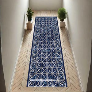 Blauw geometrisch loperkleed, modern tegelpatroon gangtapijt, vloerdecor in Marokkaanse stijl