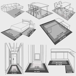 May include: Diagram showing various room layouts with rugs, including a living room with a sectional sofa, dining areas, a bedroom, a desk area, hallways, and a kitchen. Rug sizes are indicated in centimeters.