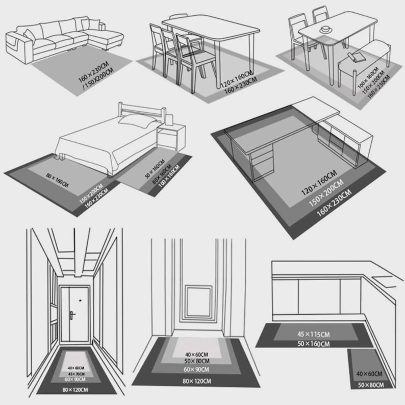 May include: Diagram showing various room layouts with rugs, including a living room with a sectional sofa, dining areas, a bedroom, a desk area, hallways, and a kitchen. Rug sizes are indicated in centimeters.