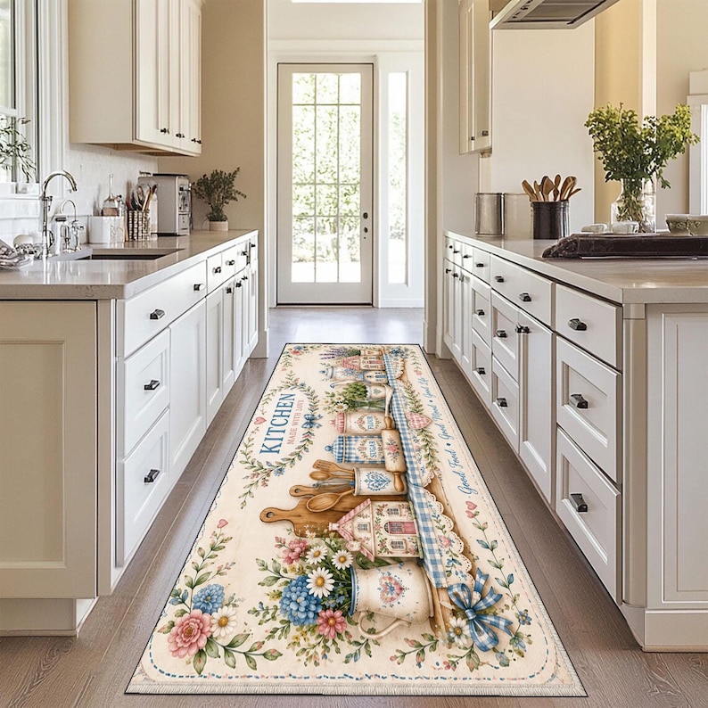 May include: A rectangular kitchen runner rug featuring a cream background with a printed design of wooden cutting boards, kitchen canisters, rolling pins, and floral arrangements. The text KITCHEN MADE WITH LOVE is printed in blue script.