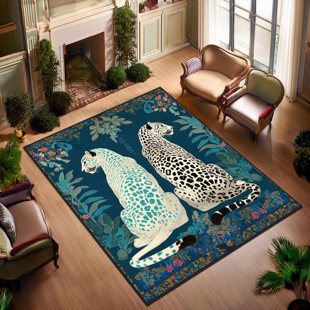 Leopard Print Rug, Vintage Animal Design, Blue Living Room Carpet - Etsy