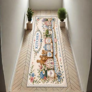 May include: A rectangular kitchen runner rug featuring a cream background with a floral border, illustrations of kitchen canisters labeled Flour and Sugar, wooden cutting boards, spoons, and the text KITCHEN MADE WITH LOVE and Good Food Good Mood.