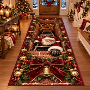May include: A rectangular floor runner rug featuring a 3D-style print of Santa Claus climbing out of a brick chimney. The design includes a large red velvet bow, gold bells, green pine branches, red berries, and gold ornaments.